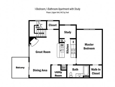 2-D floor plan of a 1-bedroom, 1-bathroom upper apartment in Phase I with study & private balcony (942 square feet)